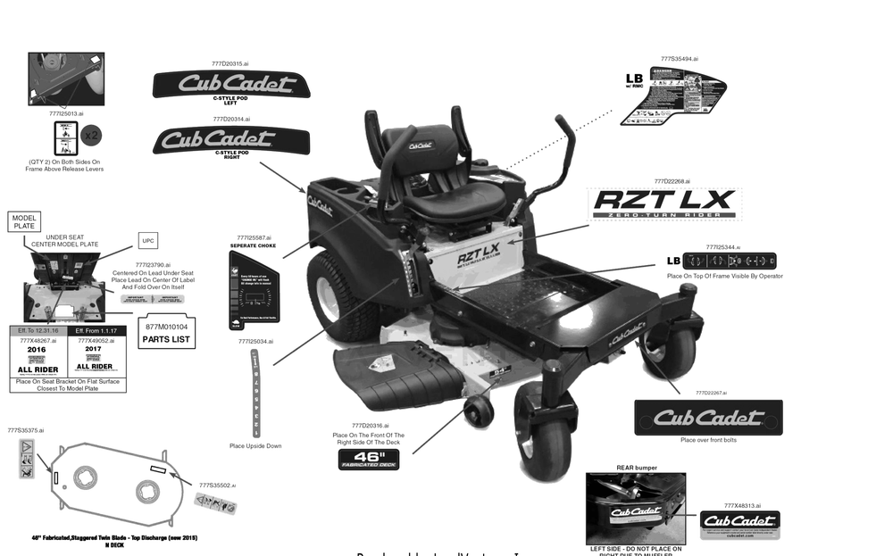 Label Map Diagram and Parts List for RZT-LX46KW (17AICAXN010)(2017) Cub Cadet Lawn Tractor